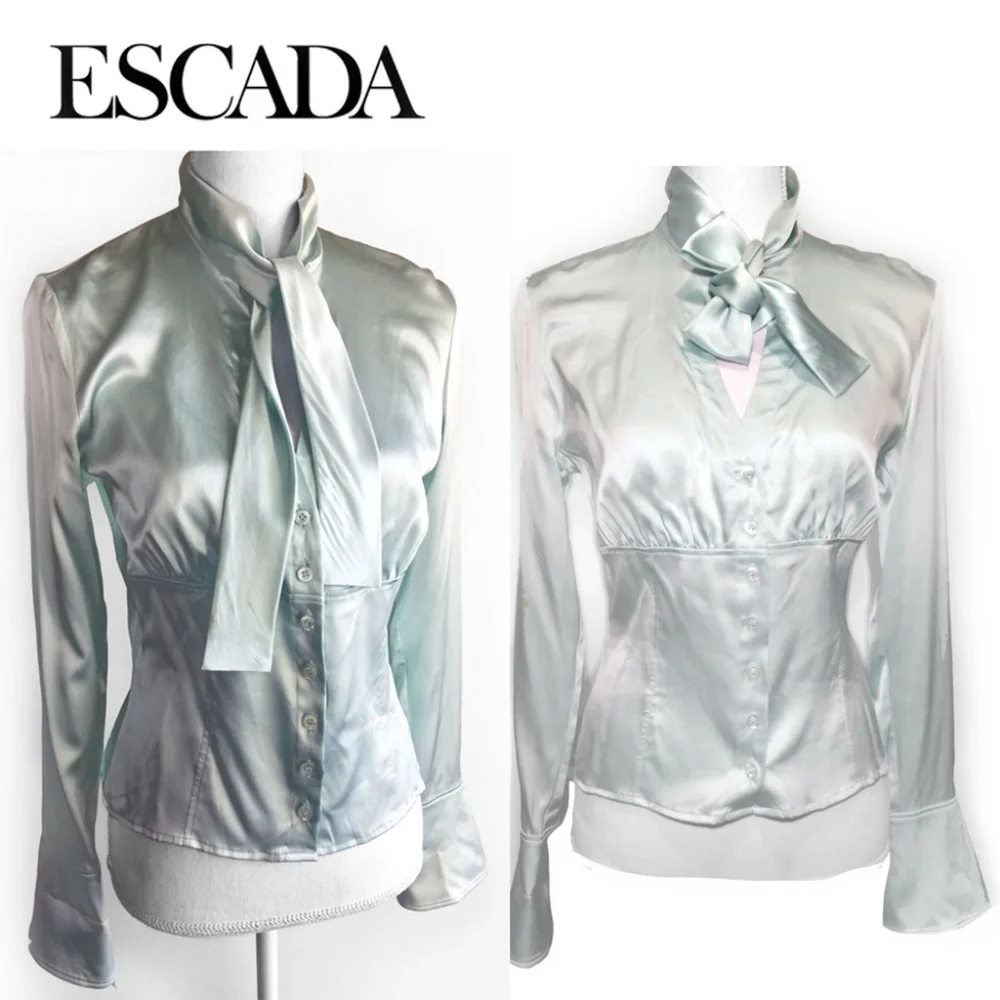Vintage ESCADA Silk Fitted Ascot Bell Cuff Blouse - Picture 2 of 8